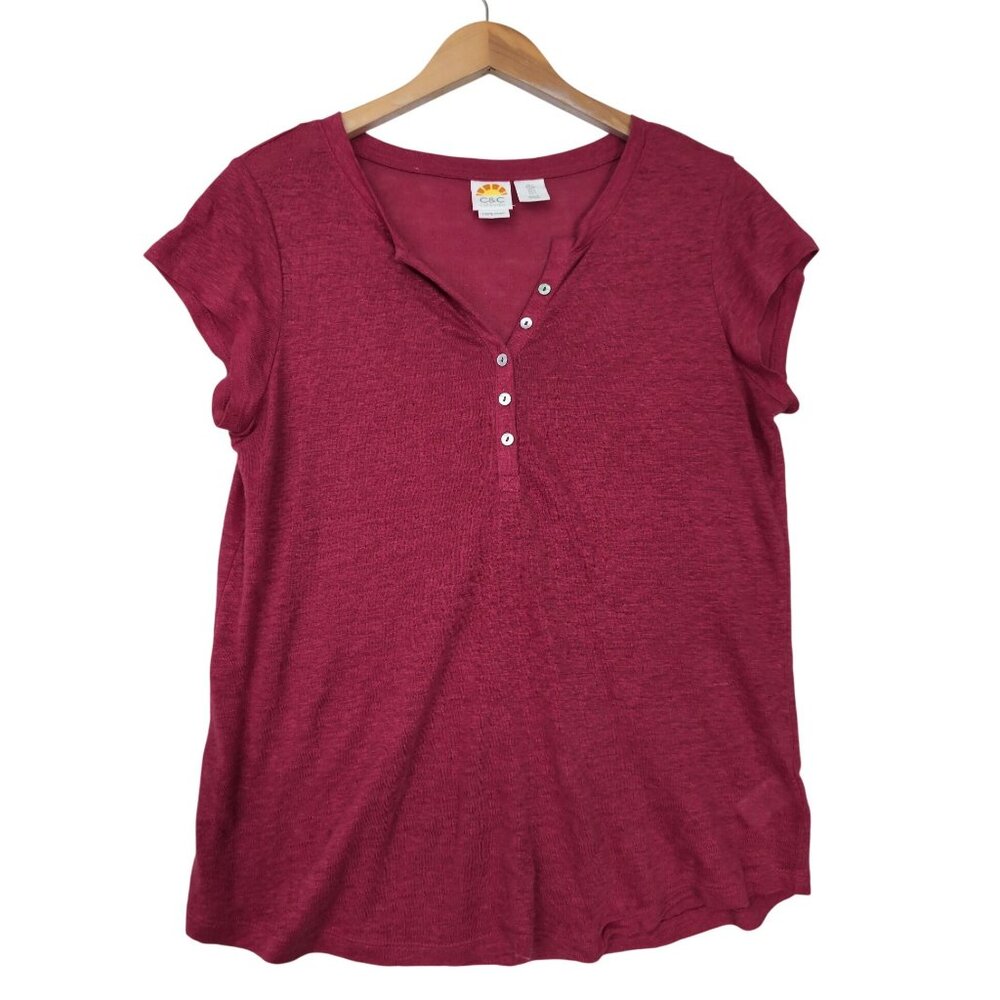 C&C California Shirt Top Womens S Red Linen Henley Lightweight Short Sleeve